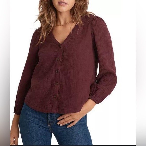 Marine Layer Colette 100% Cotton Gauzy Button Front V-Neck Puff Sleeve Blouse L - Picture 6 of 12